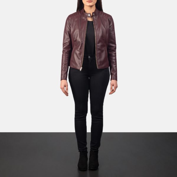 Kelsee Maroon Leather Biker Jacket - Image 7