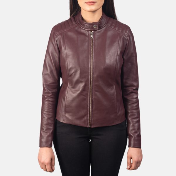 Kelsee Maroon Leather Biker Jacket - Image 4