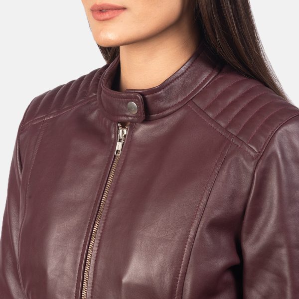 Kelsee Maroon Leather Biker Jacket - Image 6