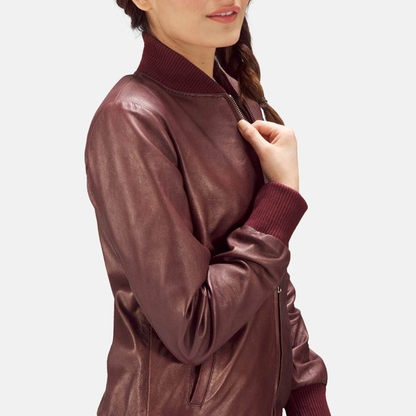 Reida Maroon Leather Bomber Jacket - Image 3