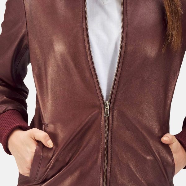 Reida Maroon Leather Bomber Jacket - Image 4