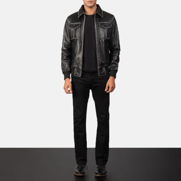 Aaron Black Leather Bomber Jacket - Image 2