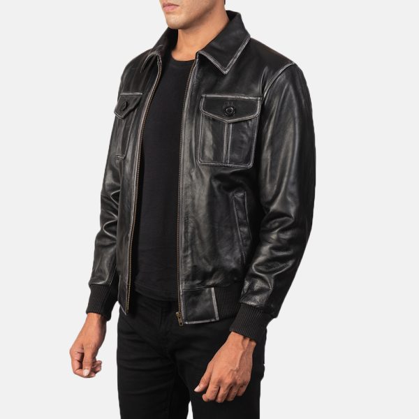 Aaron Black Leather Bomber Jacket - Image 4