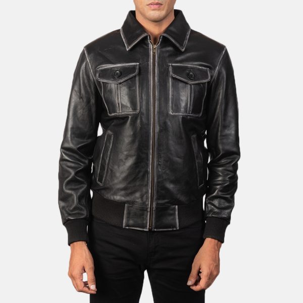 Aaron Black Leather Bomber Jacket - Image 6