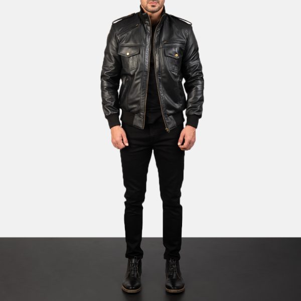 Agent Shadow Black Leather Bomber Jacket - Image 2