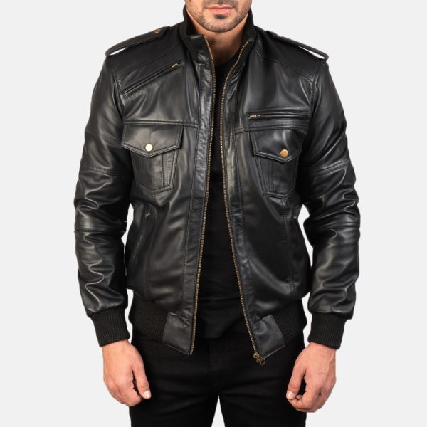 Agent Shadow Black Leather Bomber Jacket