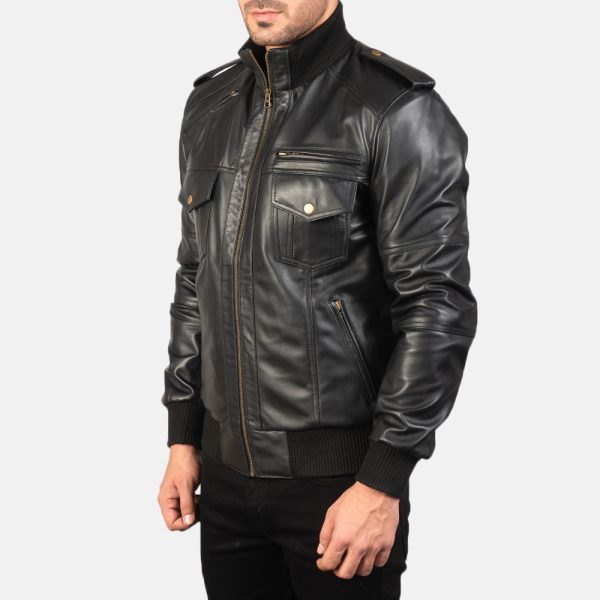 Agent Shadow Black Leather Bomber Jacket - Image 4