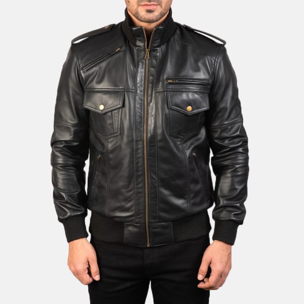 Agent Shadow Black Leather Bomber Jacket - Image 6