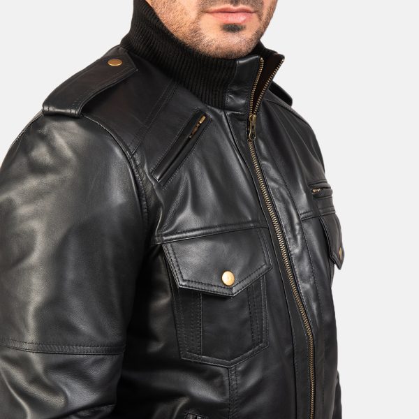 Agent Shadow Black Leather Bomber Jacket - Image 7