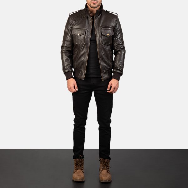 Agent Shadow Brown Leather Bomber Jacket - Image 2