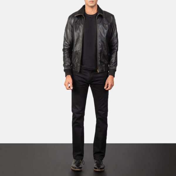 Air Rolf Black Leather Bomber Jacket - Image 2