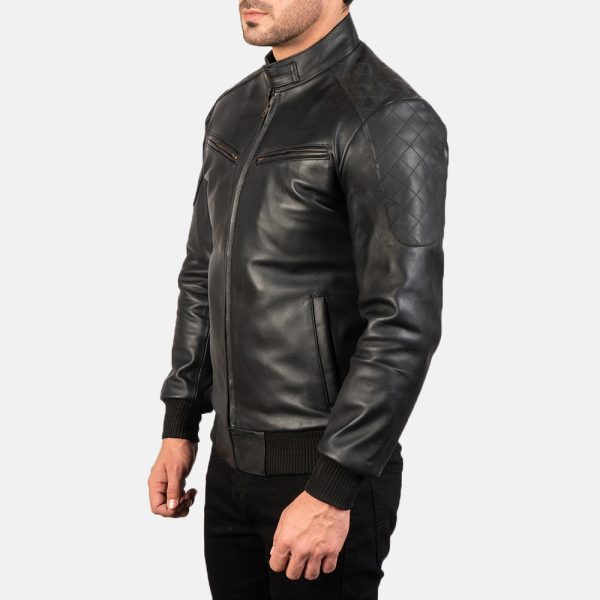 Sven Black Leather Bomber Jacket - Image 3