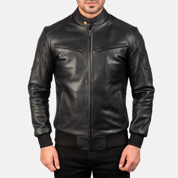 Sven Black Leather Bomber Jacket - Image 6