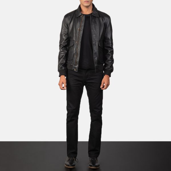 Coffmen Black Leather Bomber Jacket - Image 2