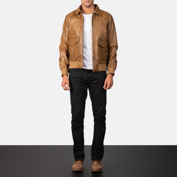 Coffmen Olive Brown Leather Bomber Jacket - Image 2