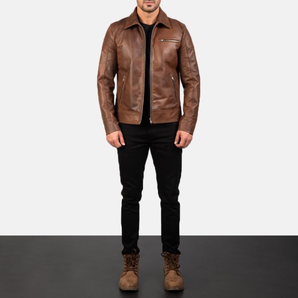 Lavendard Brown Leather Biker Jacket - Image 2