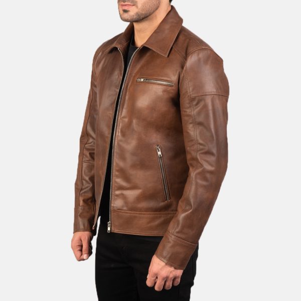 Lavendard Brown Leather Biker Jacket - Image 4