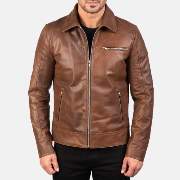 Lavendard Brown Leather Biker Jacket - Image 6