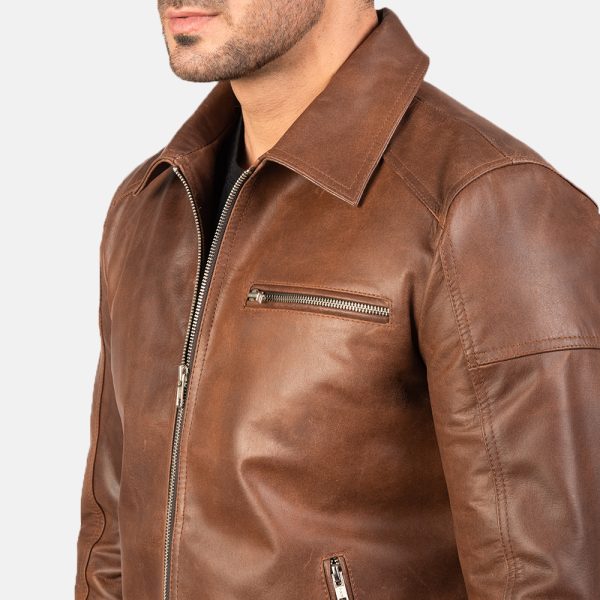 Lavendard Brown Leather Biker Jacket - Image 7