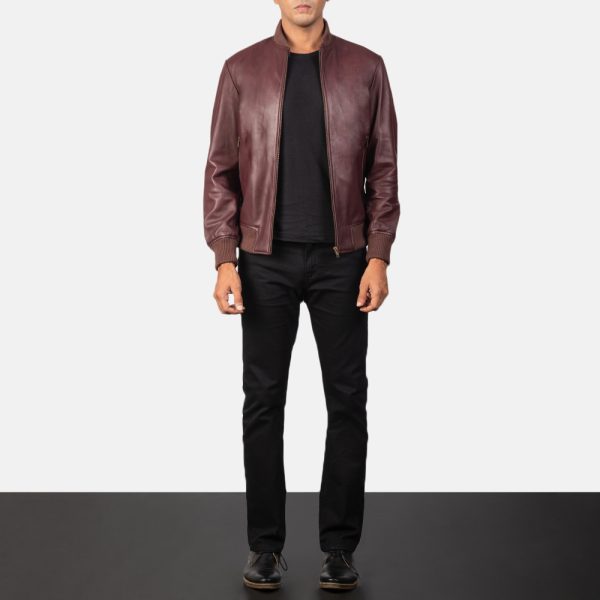 Shane Maroon Leather Bomber Jacket - Image 2