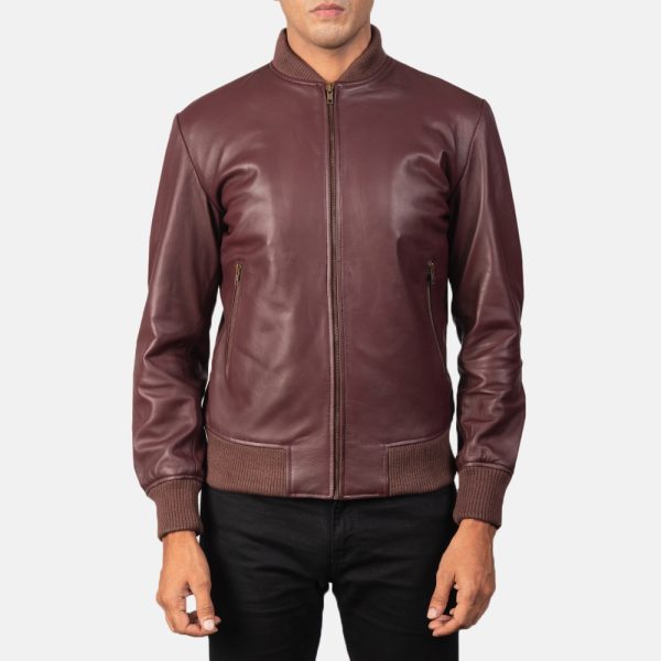 Shane Maroon Leather Bomber Jacket - Image 6