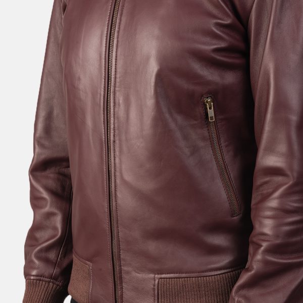 Shane Maroon Leather Bomber Jacket - Image 7