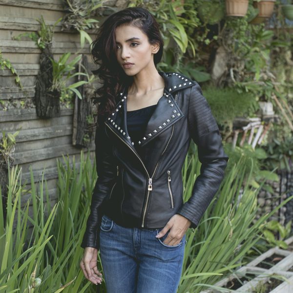 Sally Mae Studded Black Leather Biker Jacket - Image 2