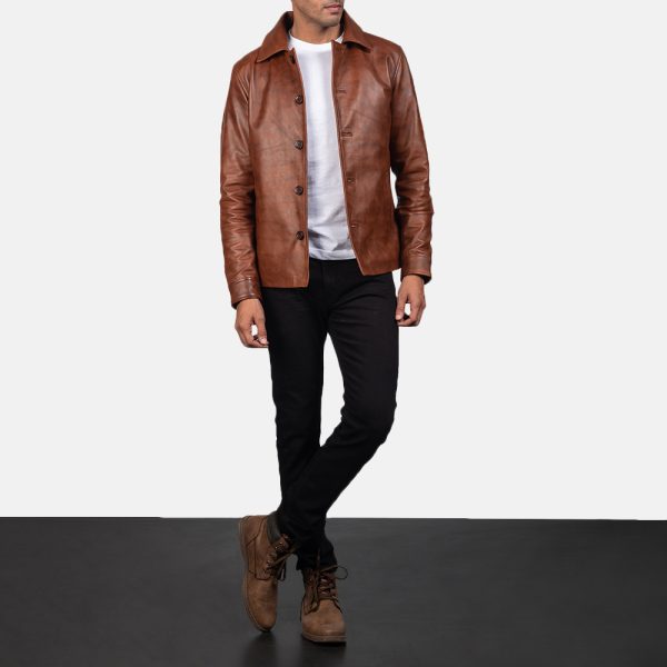 Waffle Brown Leather Jacket - Image 2